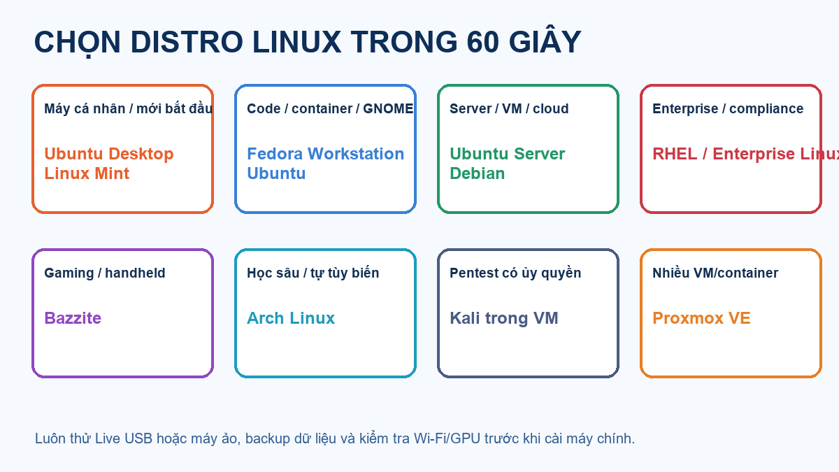 Các loại hệ điều hành Linux: Chọn Ubuntu, Mint, Fedora, Debian hay Arch cho đúng nhu cầu Sơ đồ chọn distro Linux theo nhu cầu