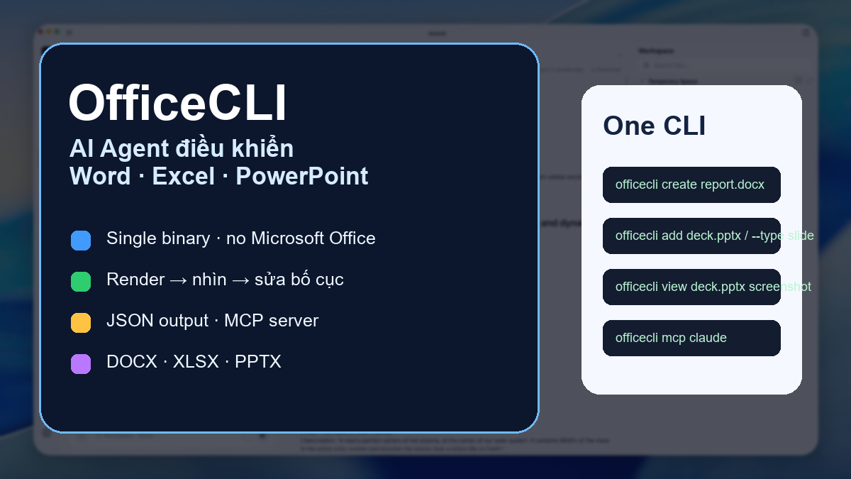 OfficeCLI là gì? Công cụ CLI giúp AI Agent điều khiển Word, Excel và PowerPoint Ảnh minh họa OfficeCLI cho AI Agent điều khiển Word Excel PowerPoint