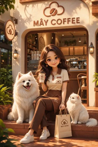 Minh họa AI nhân vật chibi trước quán cà phê MÂY COFFEE concept với chó Samoyed và mèo Persian