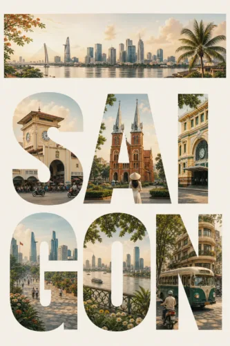Poster chữ SAI GON với các cảnh minh họa phong cách du lịch do AI tạo