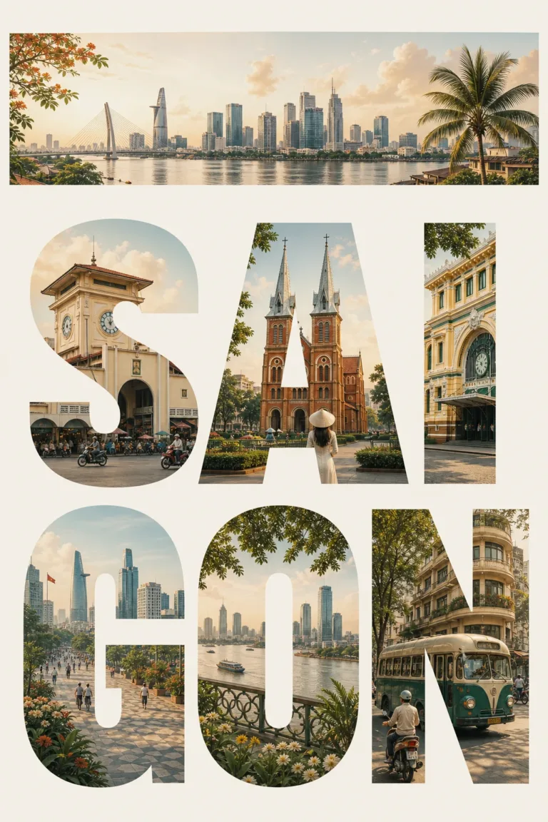 Poster chữ SAI GON với các cảnh minh họa phong cách du lịch do AI tạo