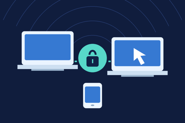 Minh họa gốc về kết nối và điều khiển máy tính từ xa giữa laptop và thiết bị di động