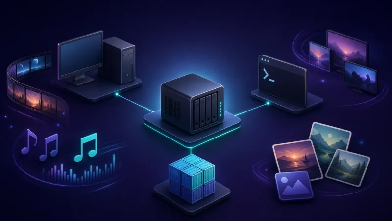 Minh họa máy chủ media tự host kết nối Windows, Ubuntu và Docker