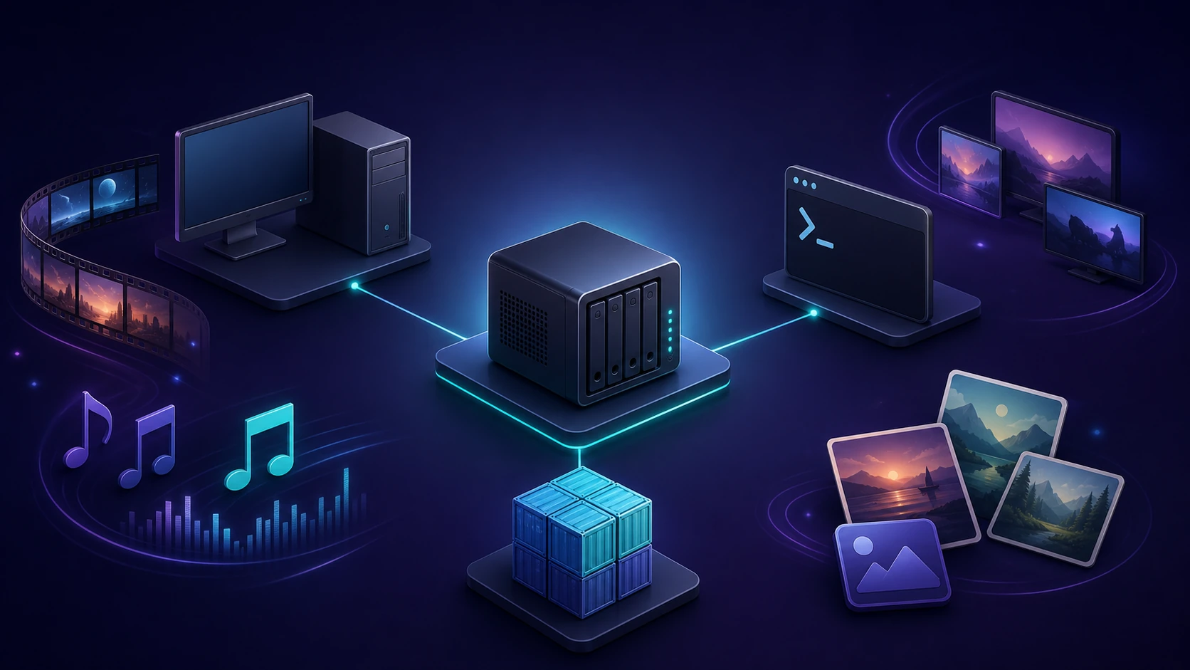 Minh họa máy chủ media tự host kết nối Windows, Ubuntu và Docker