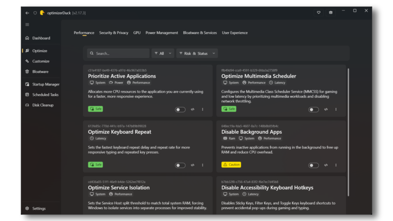 optimizerDuck: hướng dẫn tối ưu Windows an toàn, không chạy tweak mù quáng Ảnh chụp giao diện Optimize của optimizerDuck từ repository chính thức của dự án