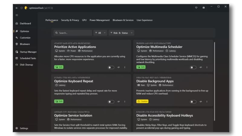 Ảnh chụp giao diện Optimize của optimizerDuck từ repository chính thức của dự án