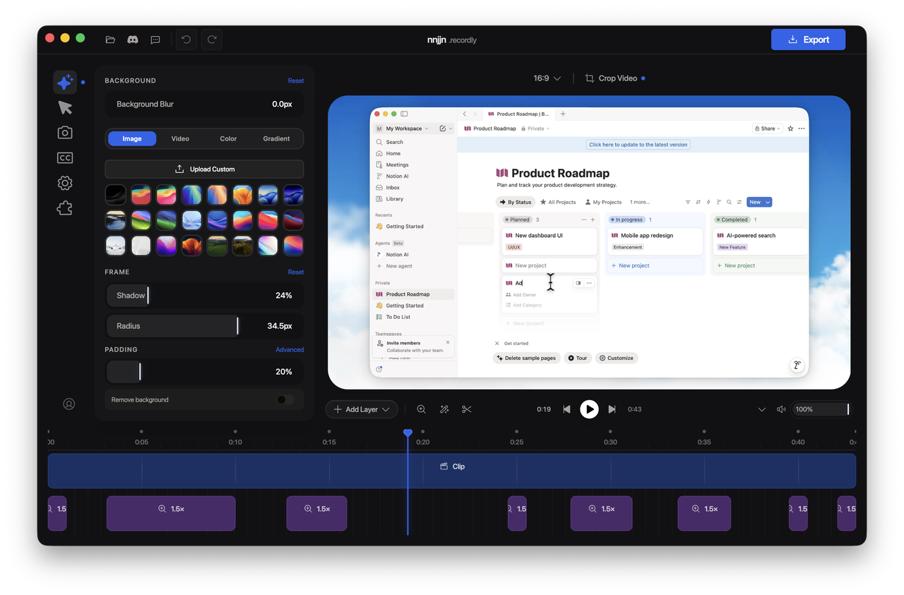 Giao diện editor Recordly với timeline, vùng zoom, background và khung video