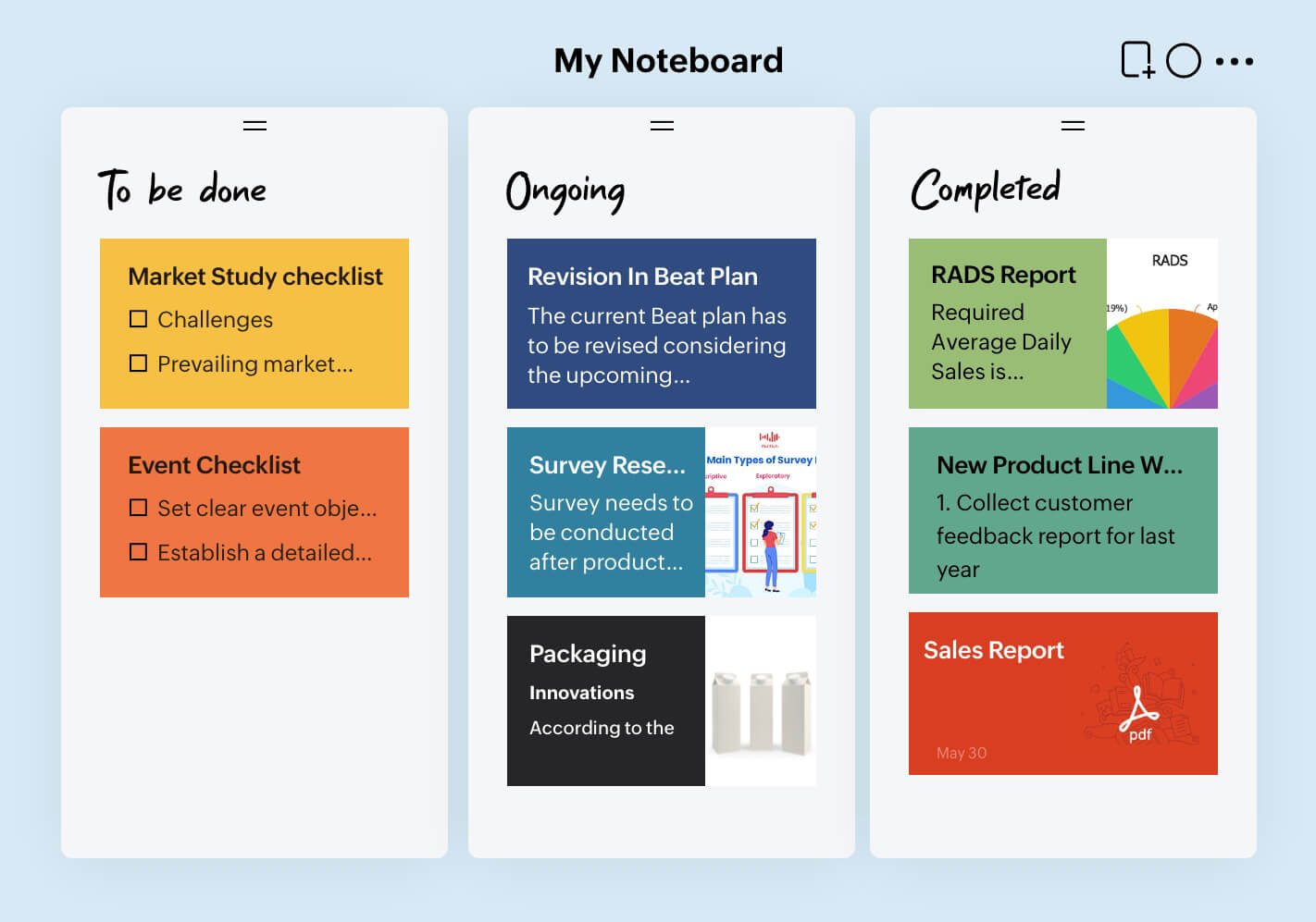 Bảng Noteboard trong Zoho Notebook; ảnh workflow từ trang chủ chính thức của Zoho Notebook.